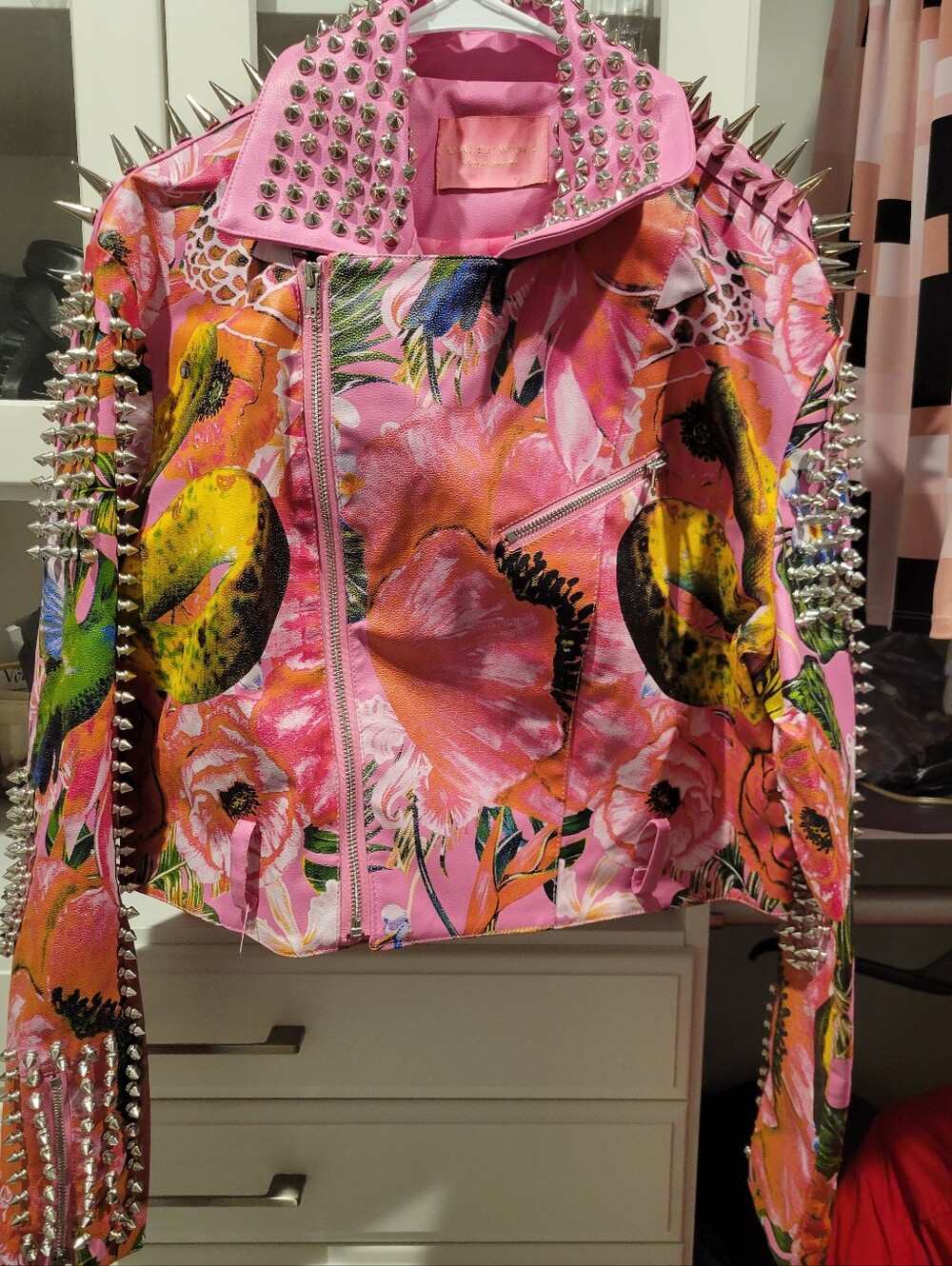 AKIRA Pink Floral Spike Studded Moto Jacket